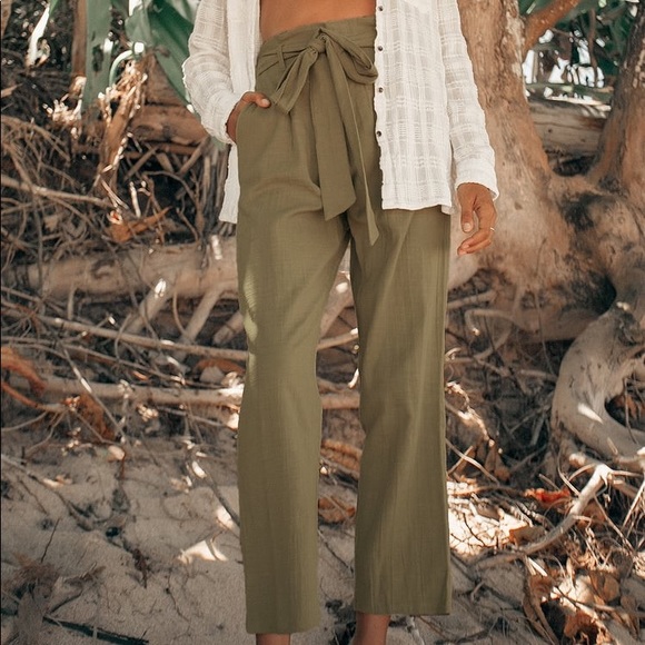 Billabong Pants - Billabong Sand Stand Olive Green Belted Paperbag Waist Pants - Women’s Sz L
